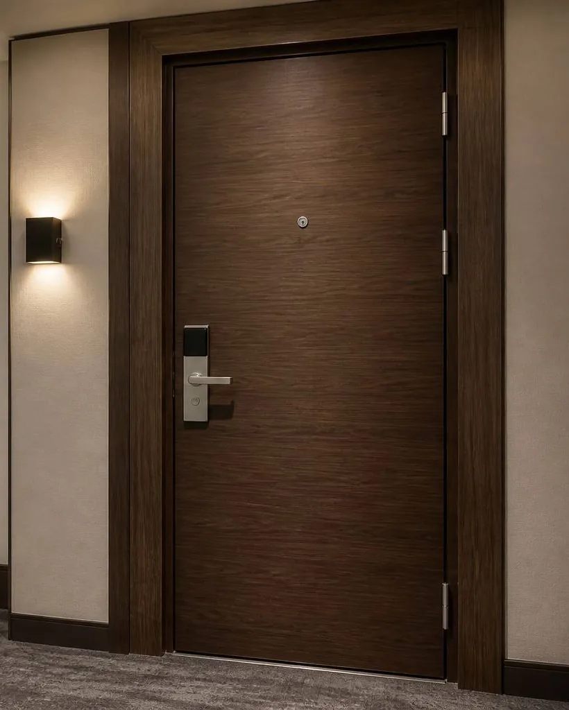 Hotel guestroom acoustic entry door set with matching frame