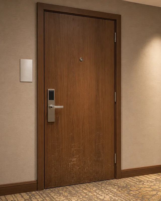 Hotel guestroom acoustic entry door set with matching frame