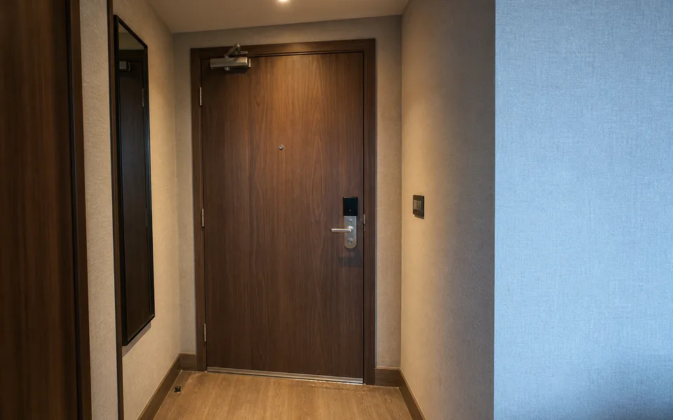 Hotel guestroom entry door installed at a room entrance