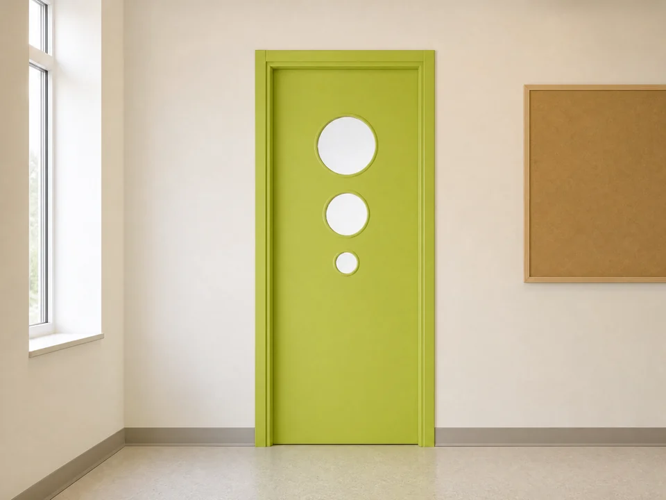 Visfurn custom color classroom door in an illustrative school corridor