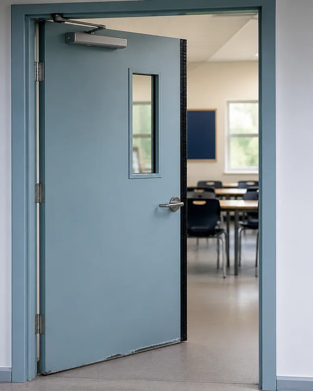 Steel school door angle view showing frame and leaf depth