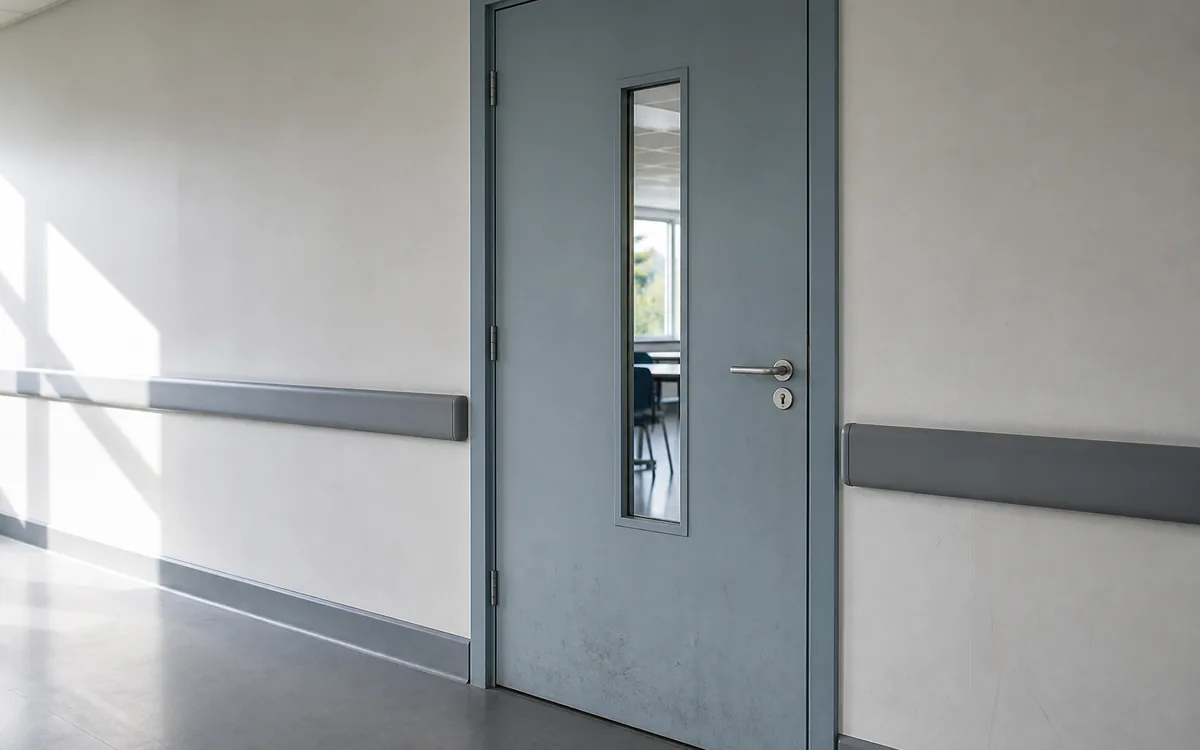 Galvanized steel school door installed at a classroom entrance