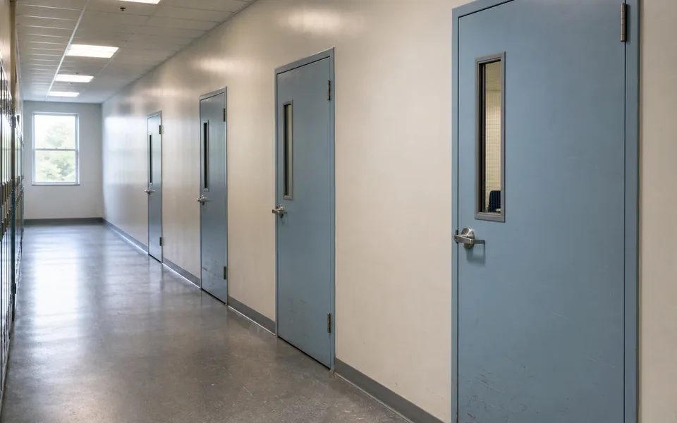 Galvanized steel school doors along an education corridor