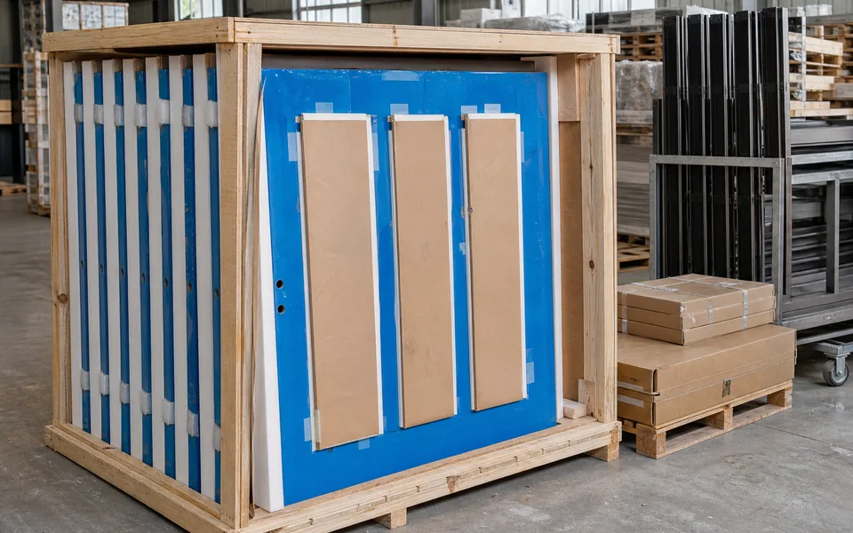 Galvanized steel school doors packed for export with frame and hardware references