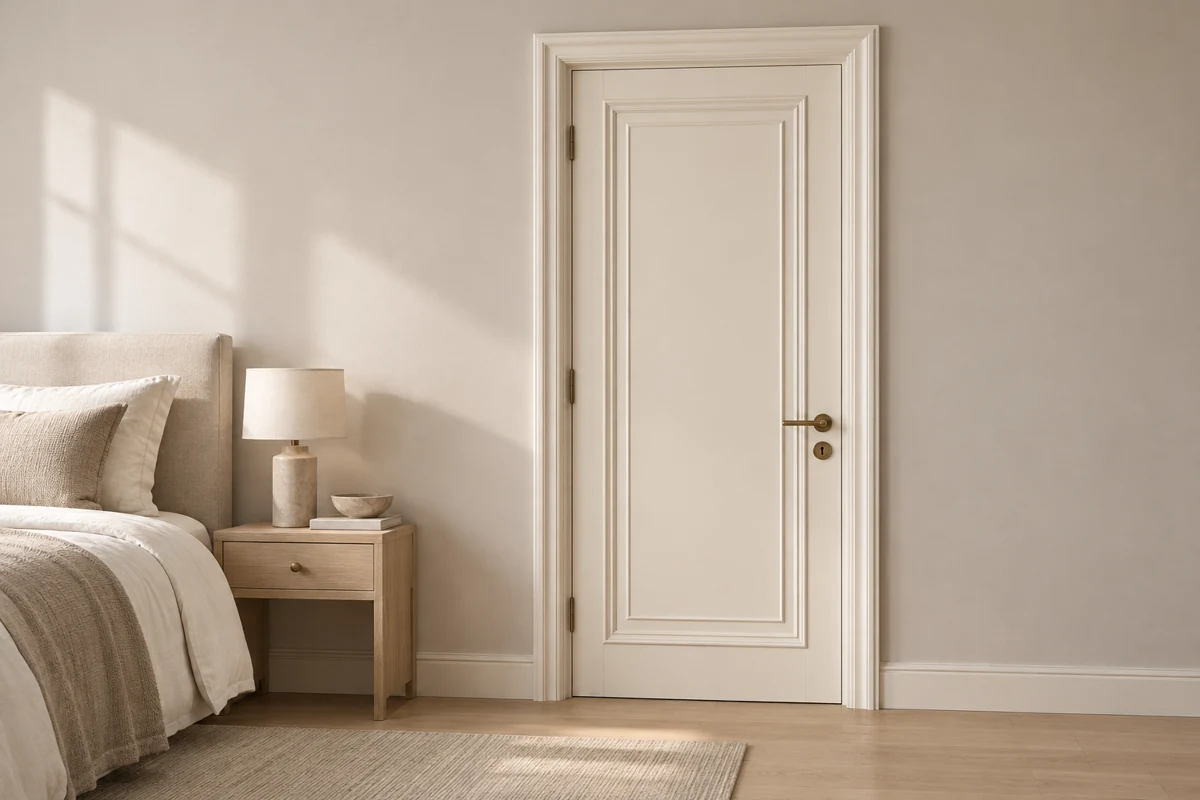 French-style ivory wooden door design in a neutral villa bedroom