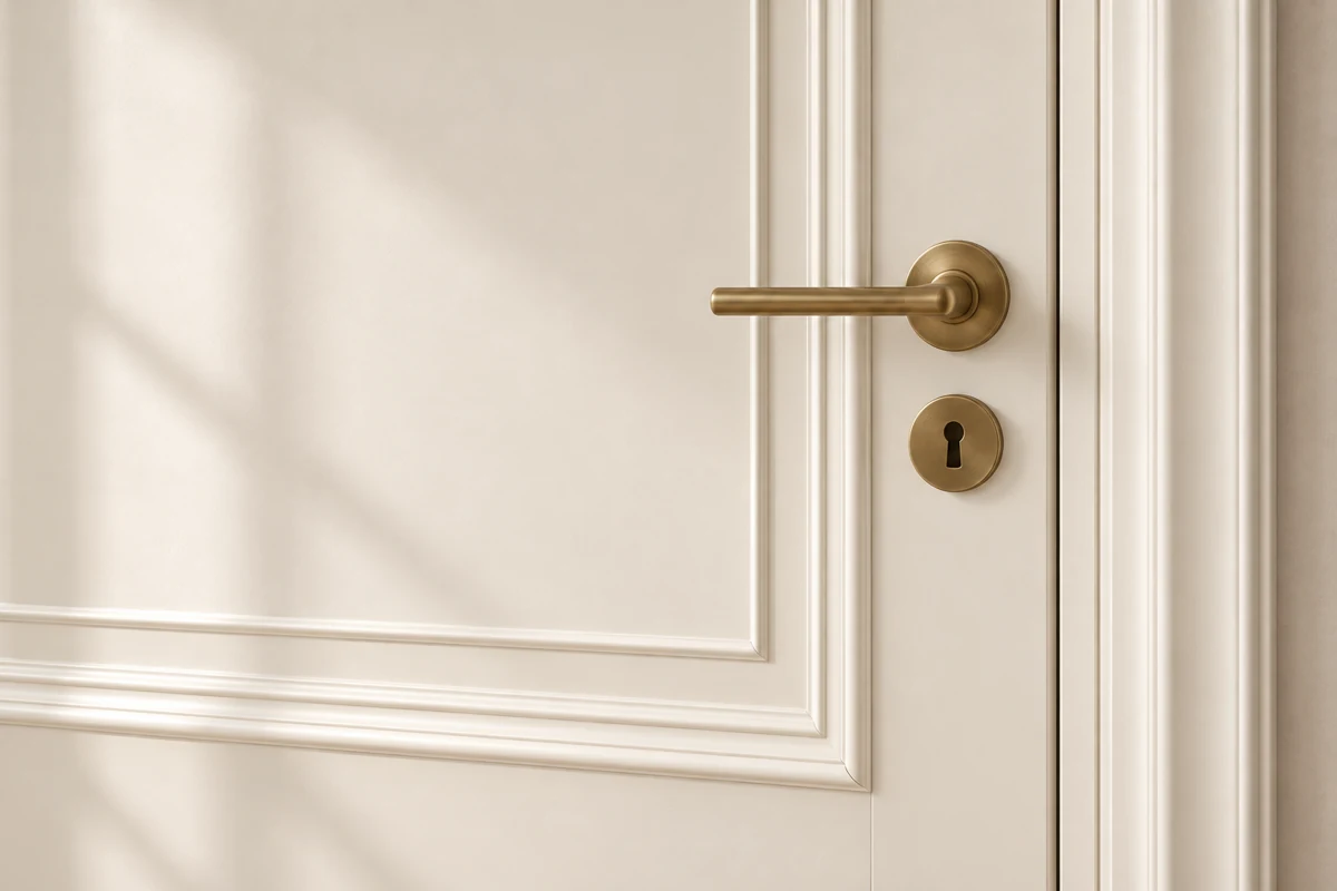 Ivory raised-panel moulding and brass lever handle design detail