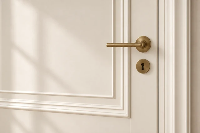Stepped raised mouldings and satin brass lever on ivory wooden door design