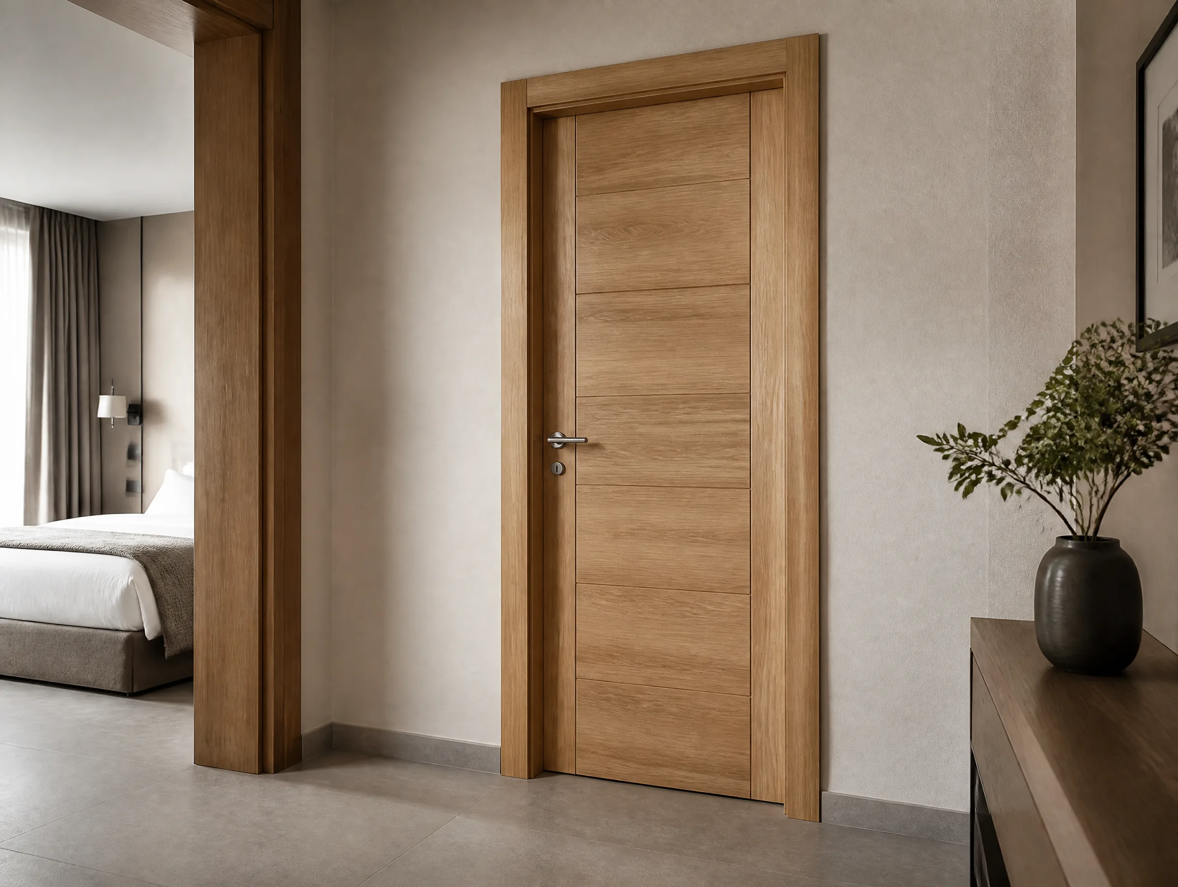 Paint-free brown wooden interior door in a neutral interior