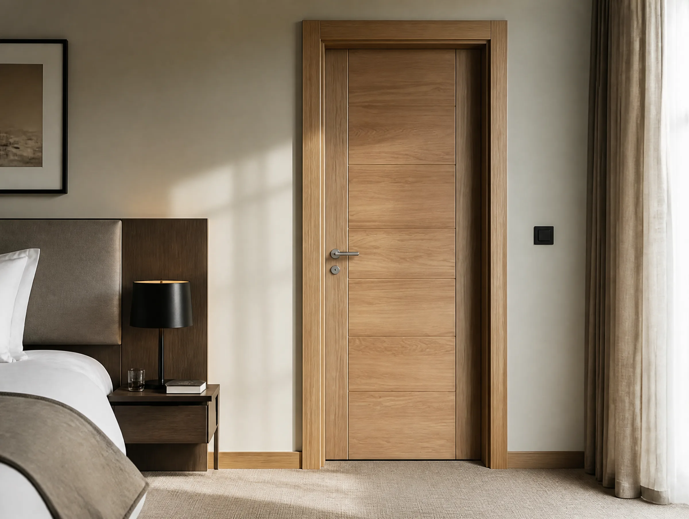 Paint-free brown wooden interior door installed in a neutral bedroom