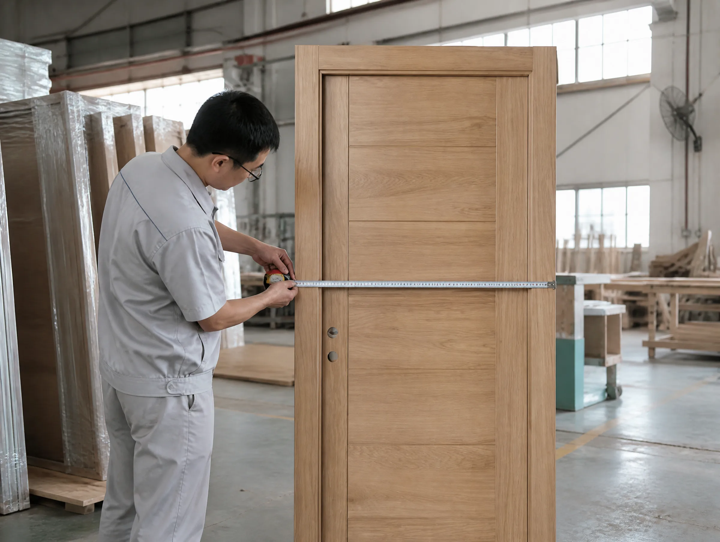 Quality-control inspection of a brown wooden interior door