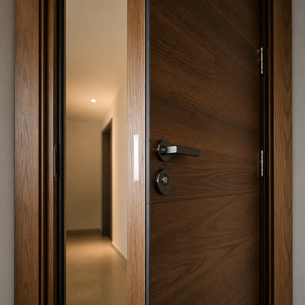 Entry door ajar showing 45mm leaf thickness and frame