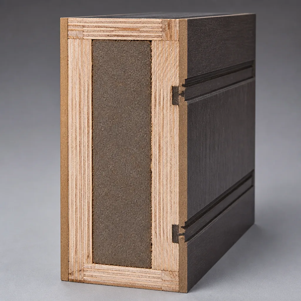 Cut-away of laminated plywood frame and acoustic infill core