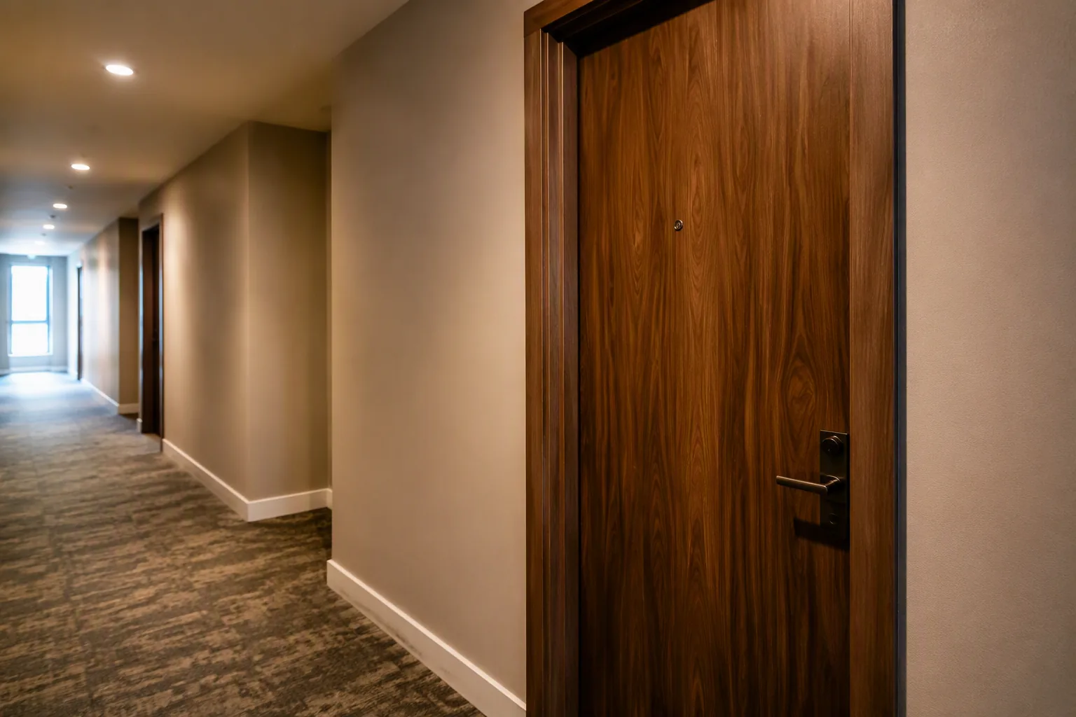Soundproof composite entry door at an apartment unit entrance off a corridor