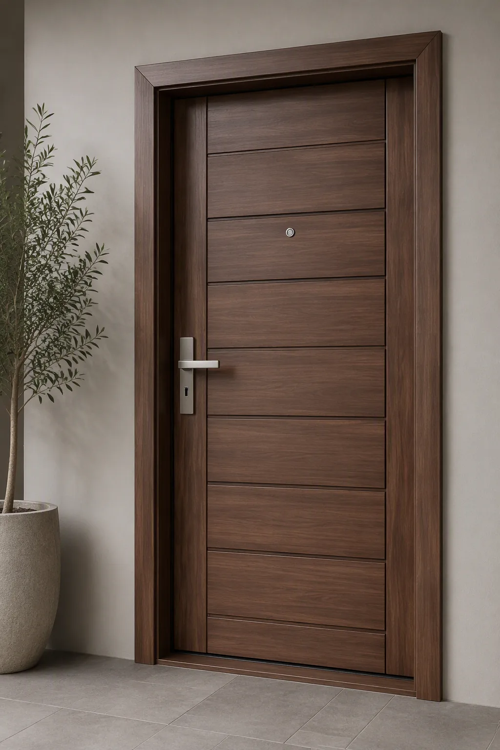 Soundproof composite entry door with laminated plywood core and matching frame