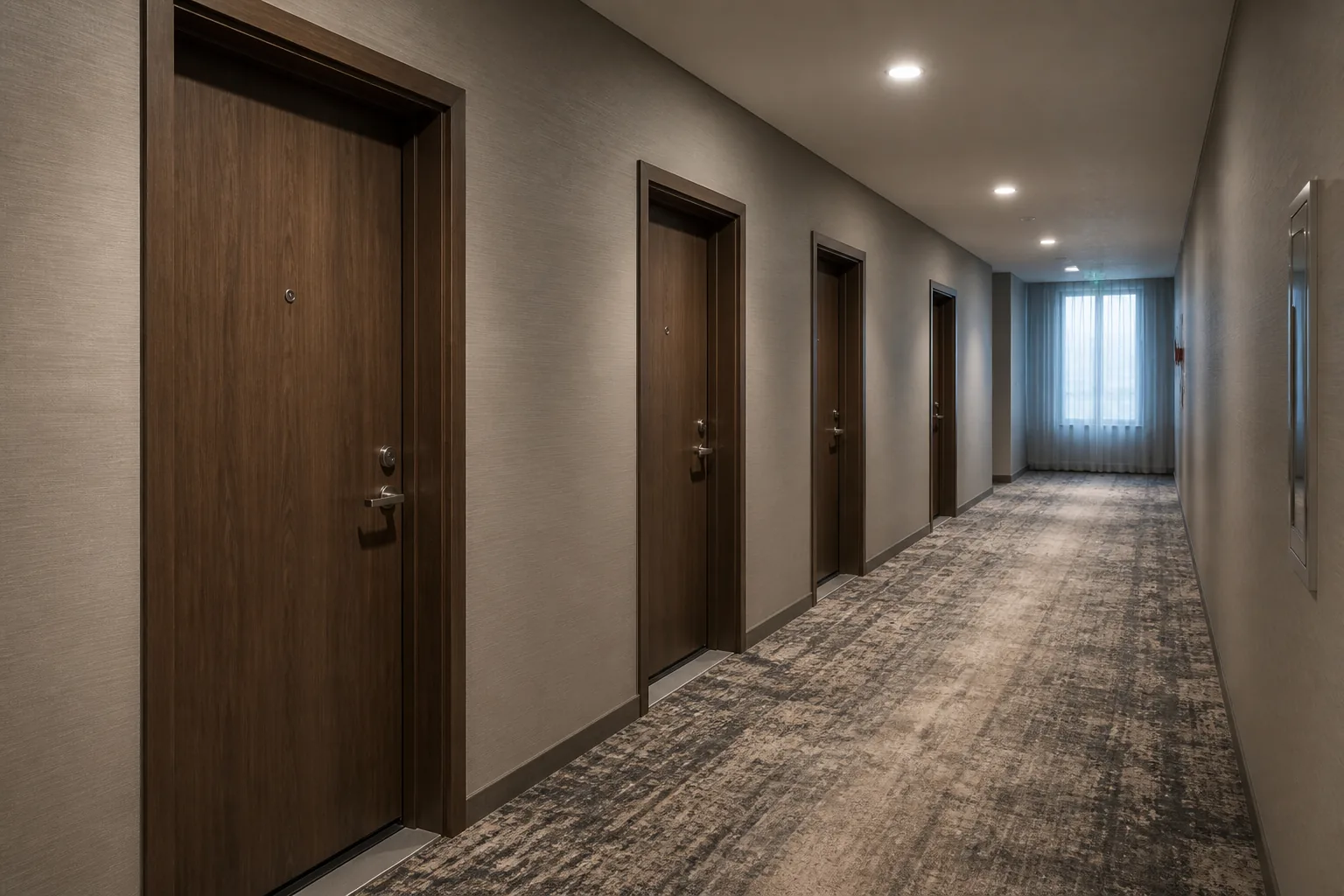 Composite entry doors along a hotel guestroom corridor