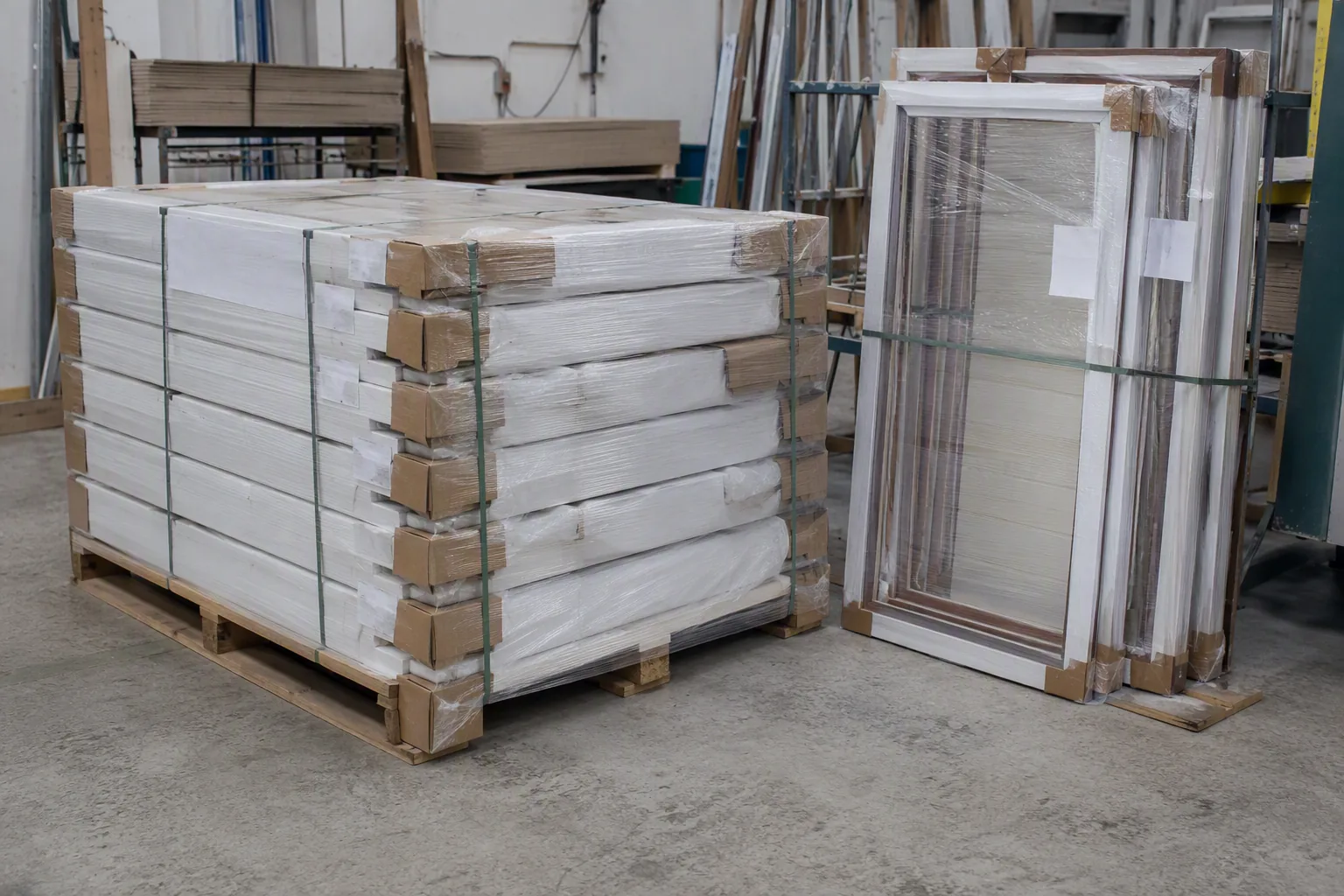 Entry door leaves foam-wrapped and palletised with frame bundles alongside