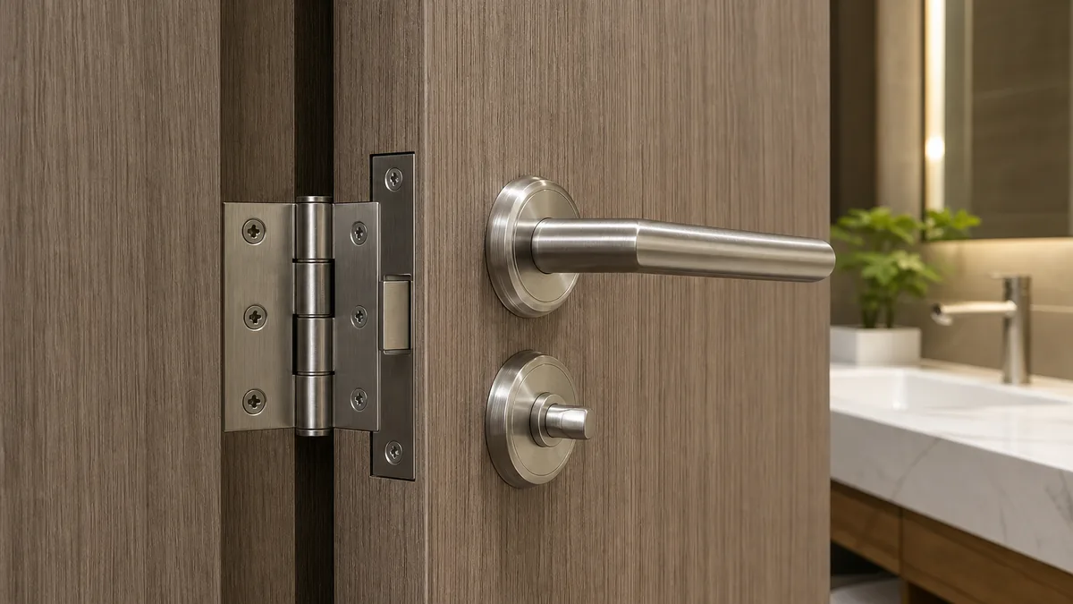 Corrosion resistant hardware detail on WPC bathroom door