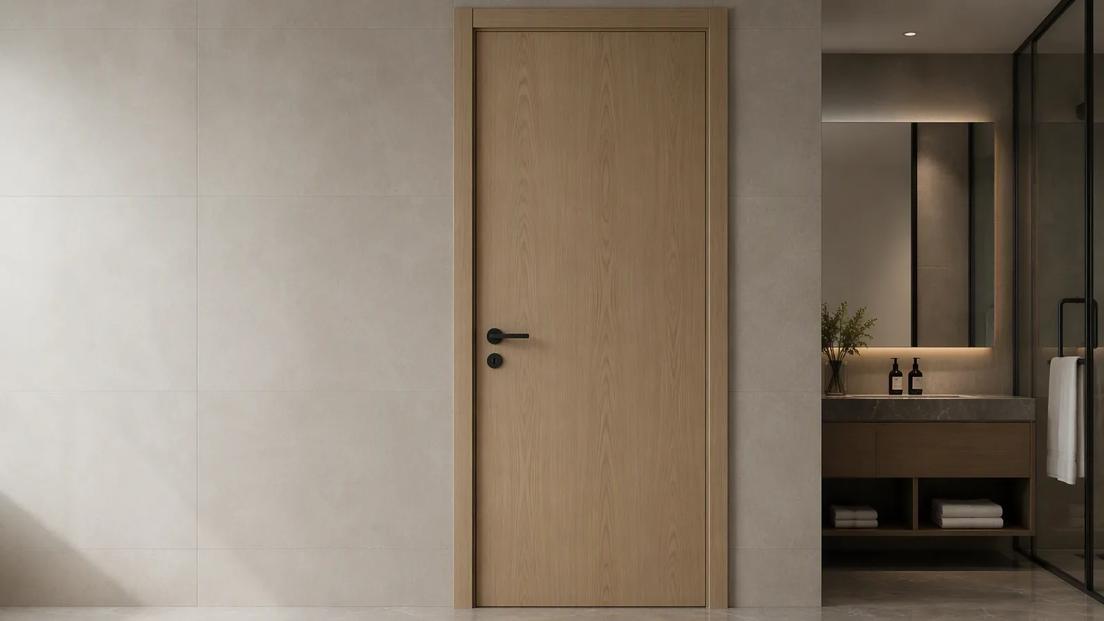 WPC bathroom wet area door installed at a hotel or apartment entrance