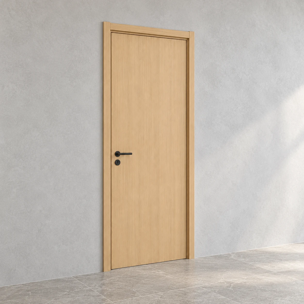Full light woodgrain door and frame viewed at an angle against a gray wall