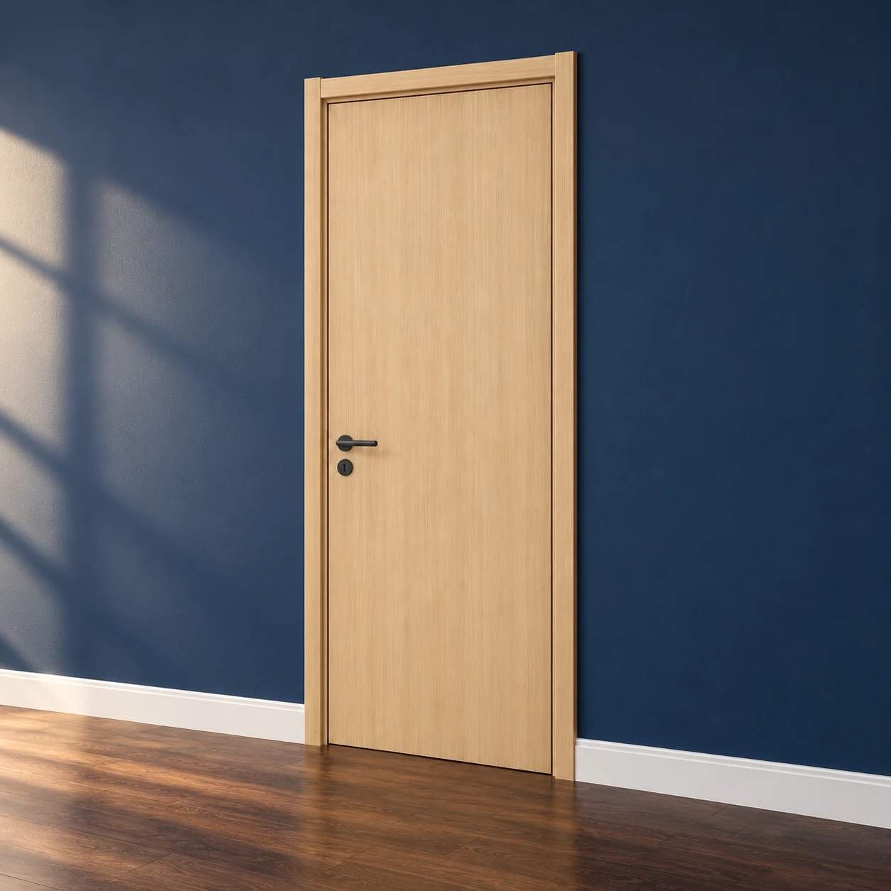 Complete light woodgrain door and frame viewed from the opposite side against a deep-blue wall