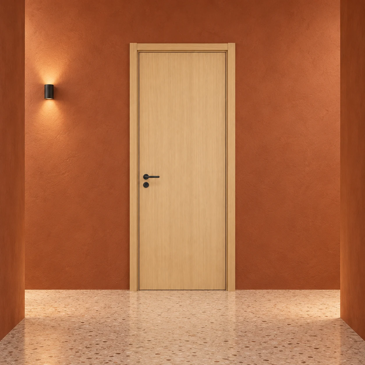 Full light woodgrain door and matching frame in a terracotta corridor design illustration