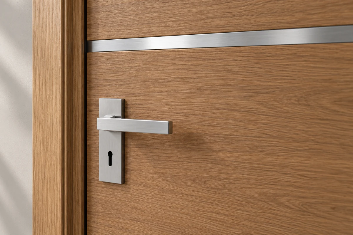 Oak woodgrain finish, brushed silver lever and horizontal inlay design