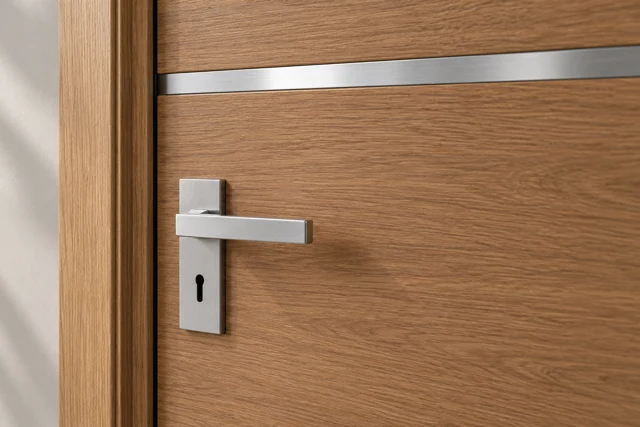Silver lever handle and horizontal inlay on oak woodgrain door design