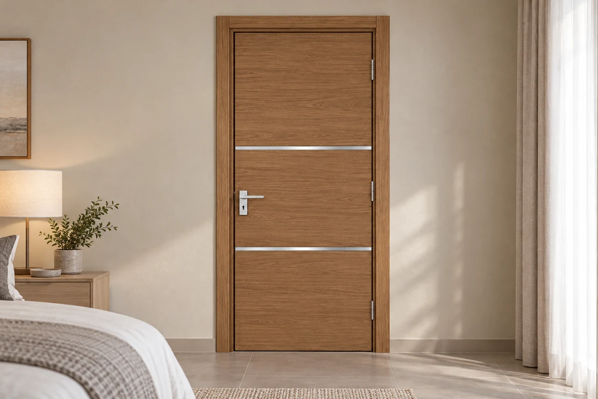 Modern oak-tone interior door design illustrated in a hotel room