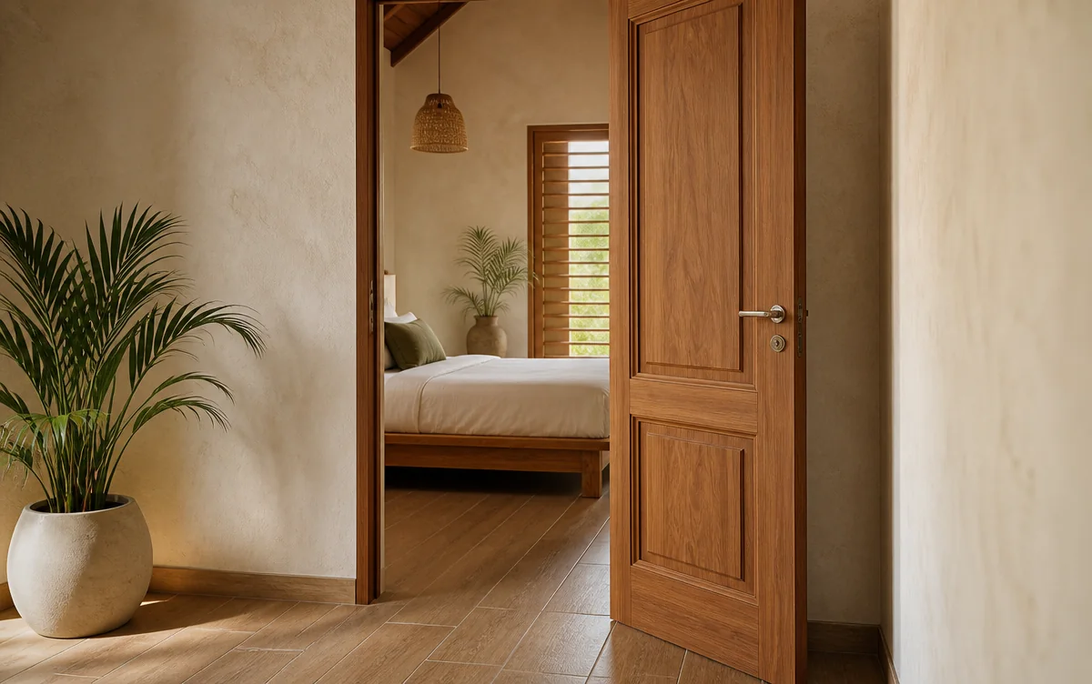 Moulded-panel WPC door in a bedroom interior