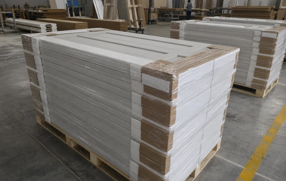 Moulded-panel WPC doors prepared for export packing
