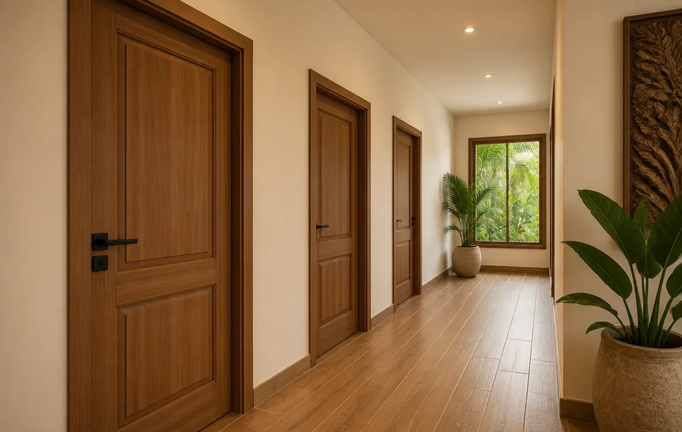 Moulded-panel WPC doors in a villa corridor