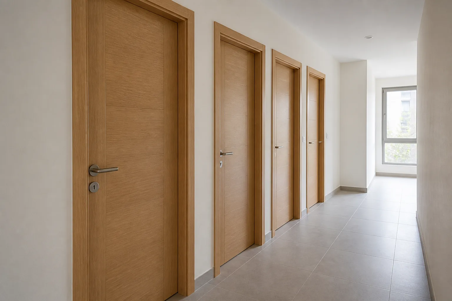 WPC doors along an apartment corridor