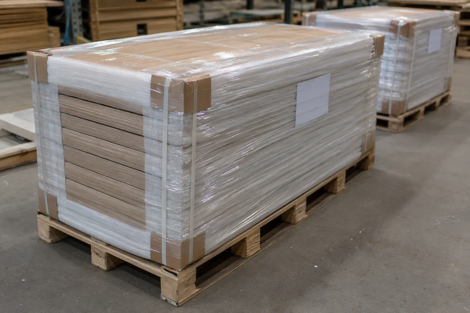 WPC doors packed with foam wrap, corner guards and export pallets