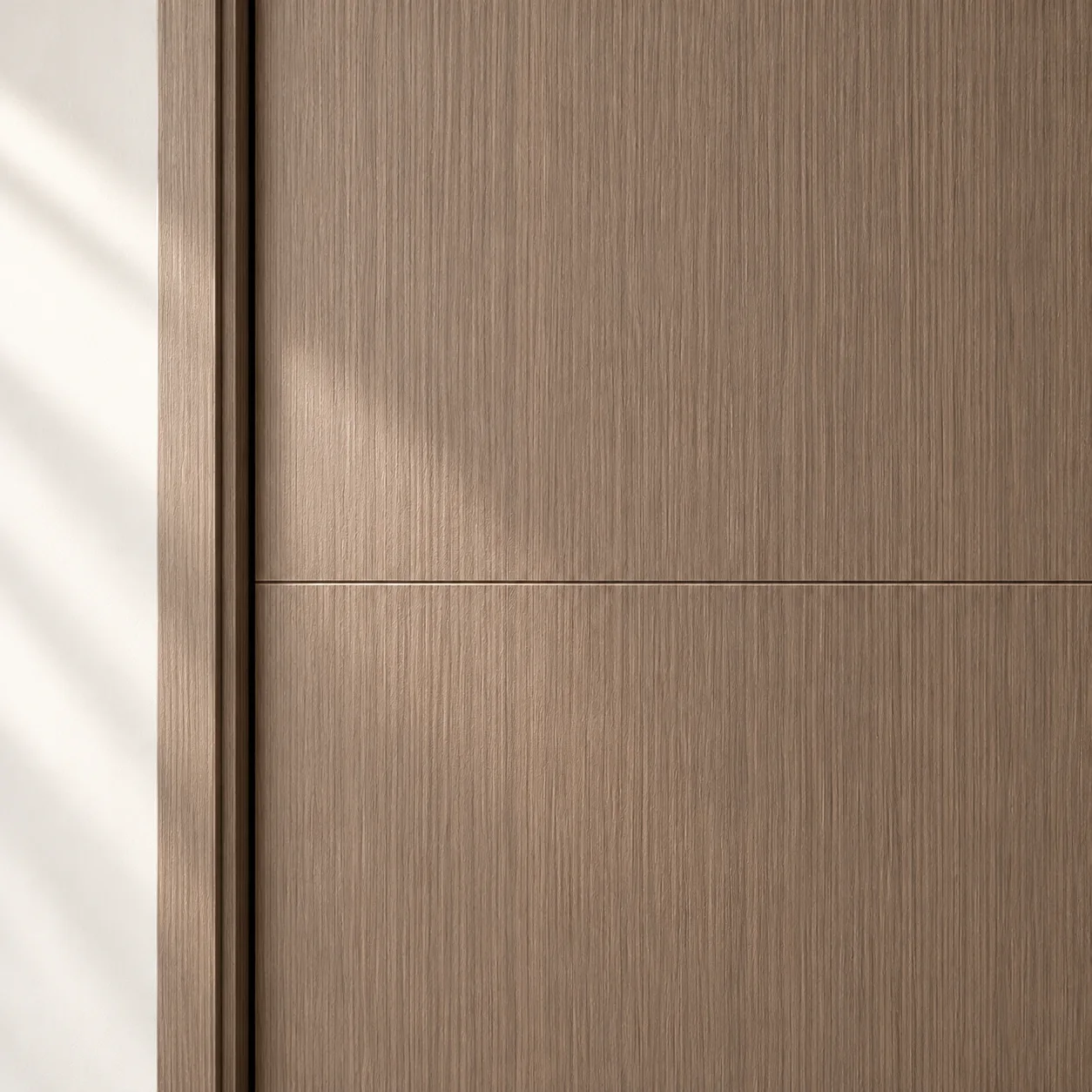 Subtle horizontal face line on the taupe vertical-grain door