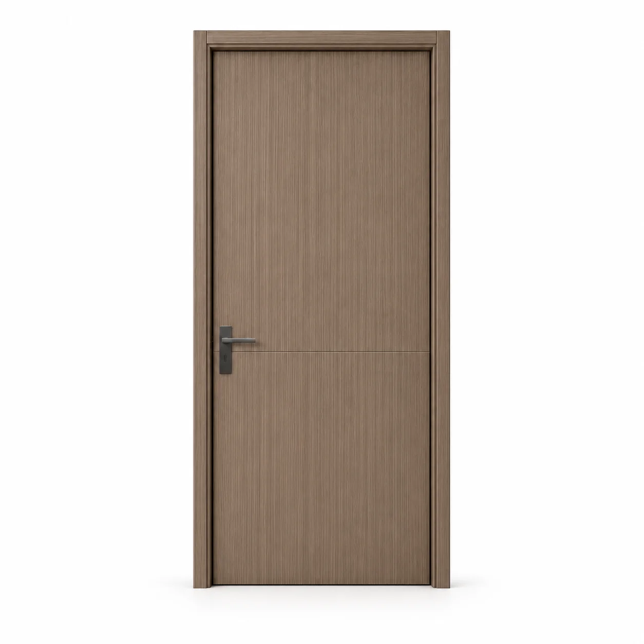 Taupe woodgrain WPC door with a plain flush face and matching frame