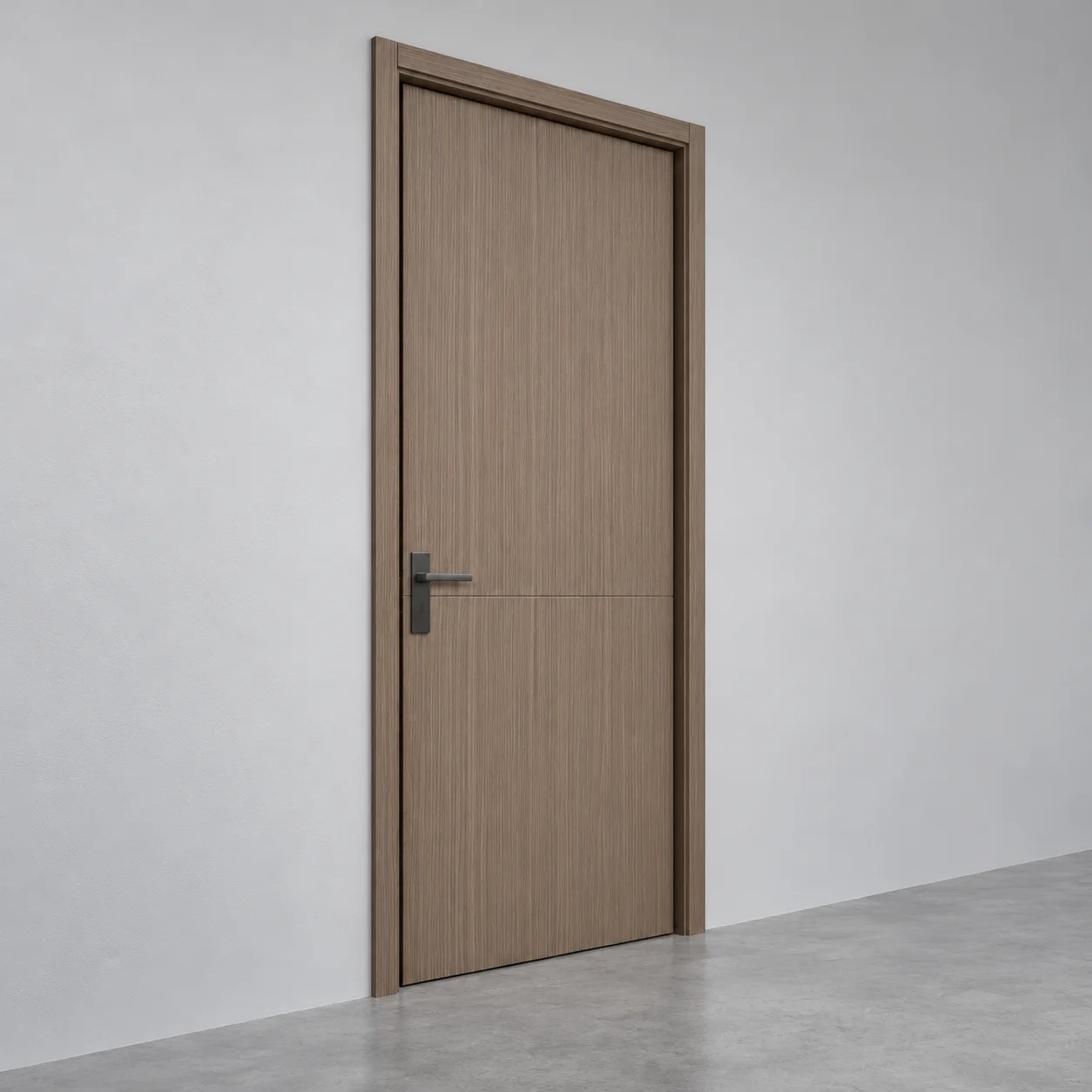 Complete taupe WPC door and frame at a clear angle against a cool gray wall