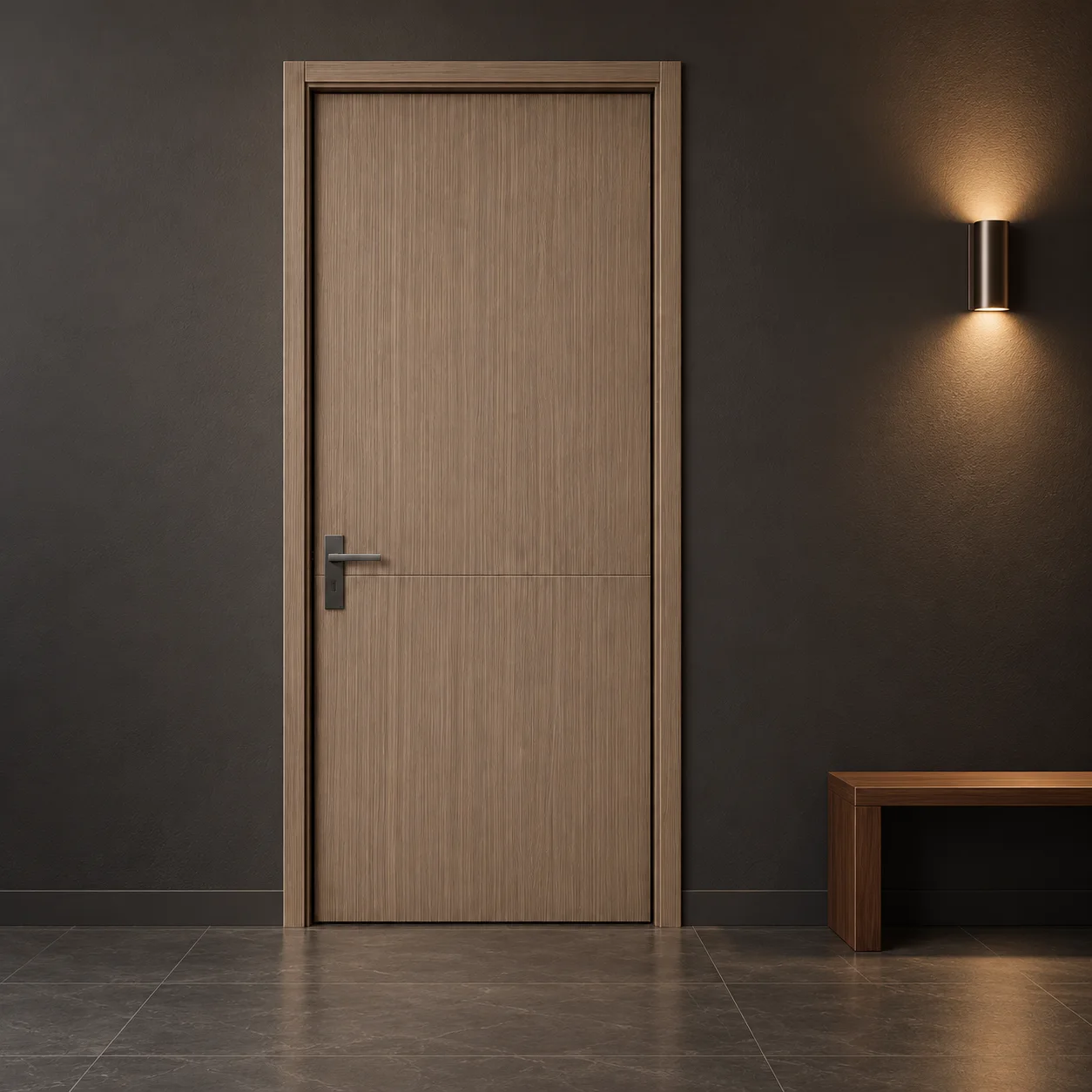 Full taupe WPC door and frame in a charcoal hotel interior