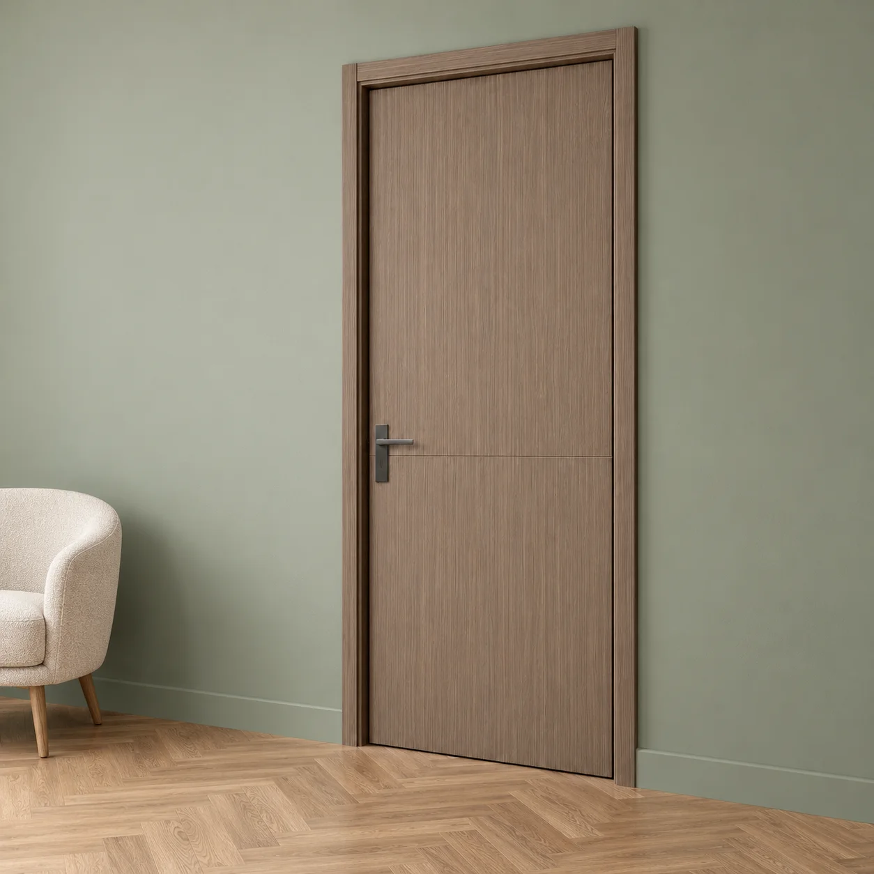 Complete taupe WPC door and frame from the opposite angle in a sage residential interior