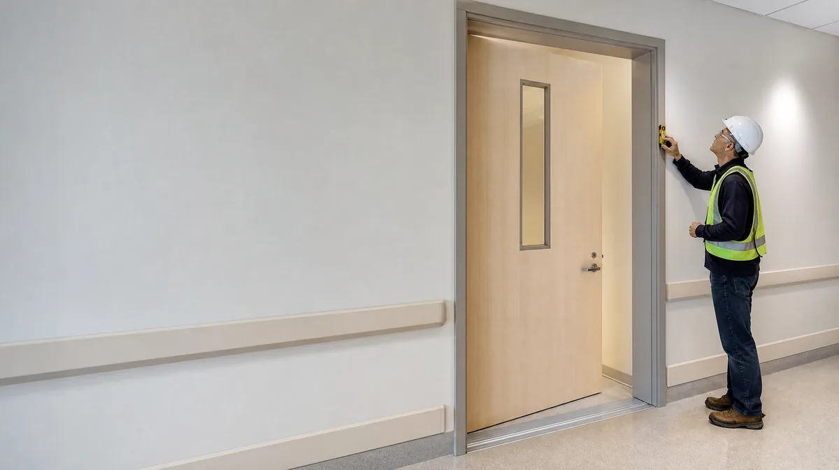 Healthcare door opening with frame depth, wall return and hardware coordination under review