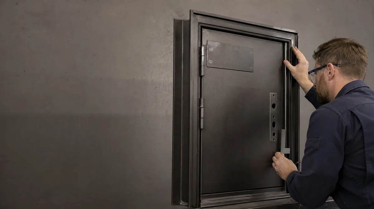 Steel door leaf, frame, hinge, seal and hardware preparation reviewed as one complete assembly