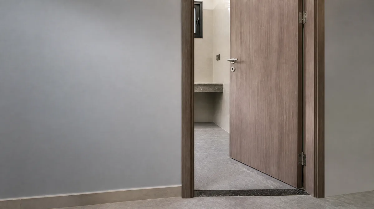 WPC-style interior door set coordinated with frame depth, wall thickness and wet-area opening conditions