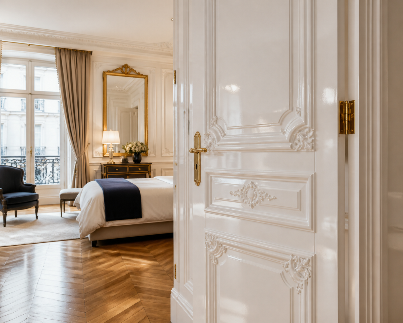 Porte d'hôtel laquée blanche pour un projet parisien