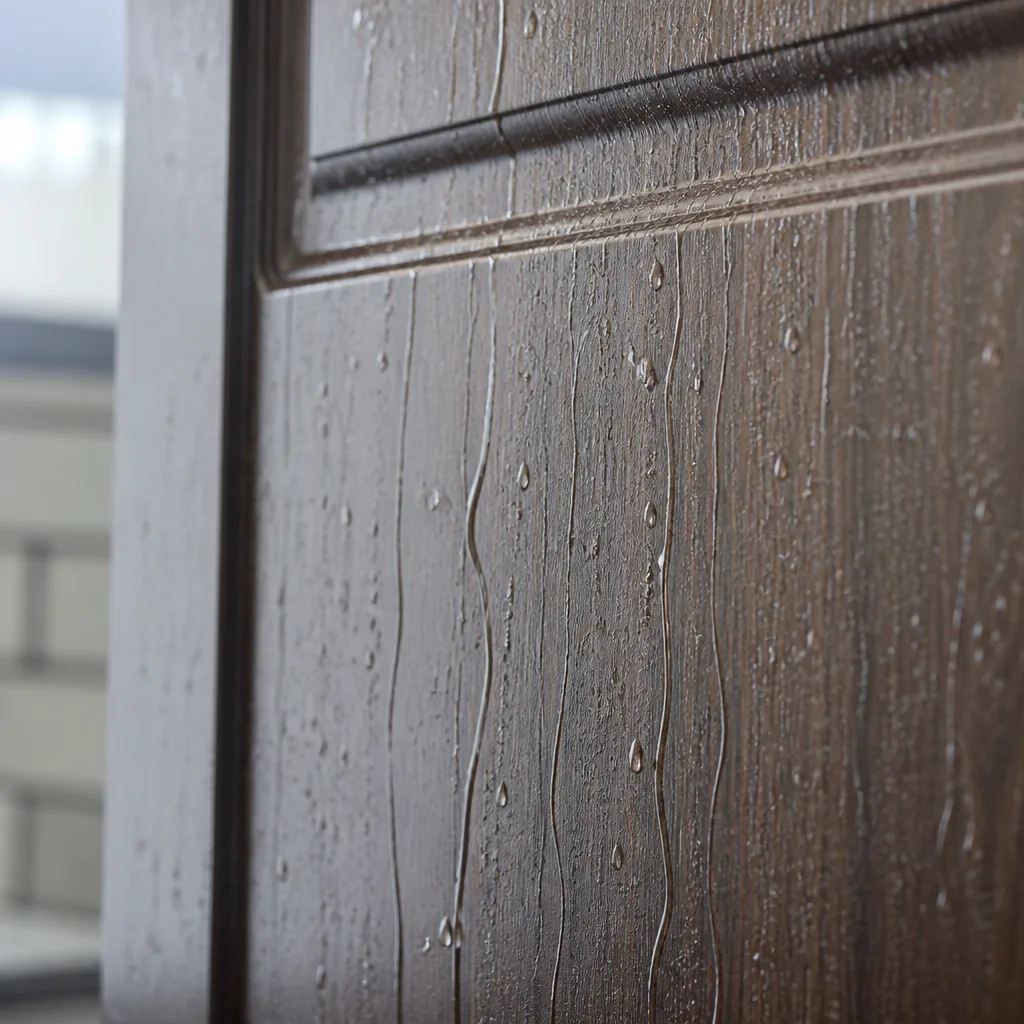 Waterproof PVC wooden door surface with water droplets close up