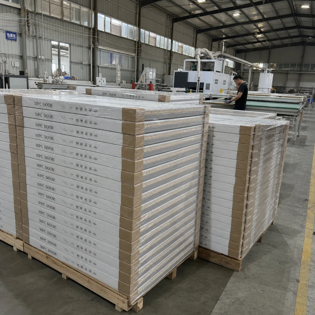 Modern PVC wooden doors stacked in factory warehouse for export orders