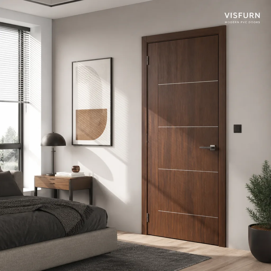 Modern PVC wooden door installed in a bedroom interior project